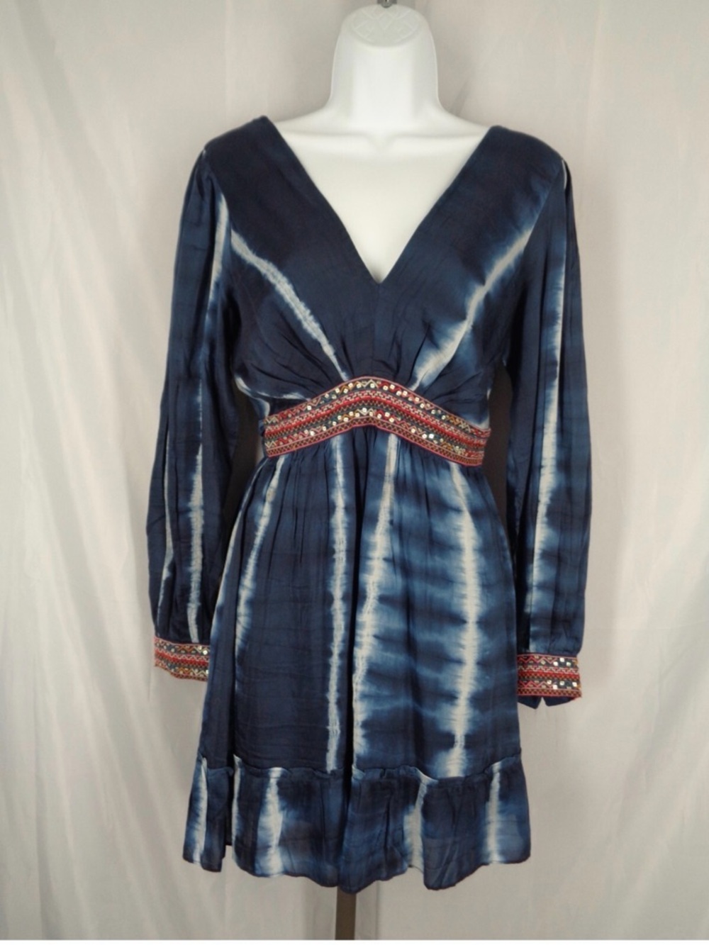 Tie-Dye Navy V-Neck Long Sleeve Dress with Embroidered Waist by VERB